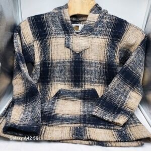 Earth Ragz Baja Hoodie Small Plaid Pullover Surfer Grunge Hooded Top